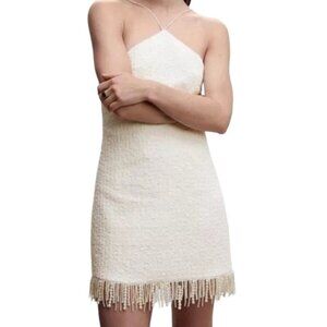 Jason Wu Textured Pearl Fringe Off White Halter Dress Size Medium